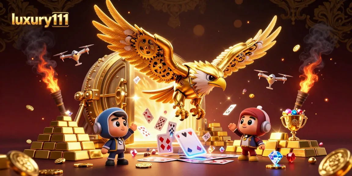 Engage with luxury111 through an ultra-detailed casino scene featuring holographic cards and a golden eagle.