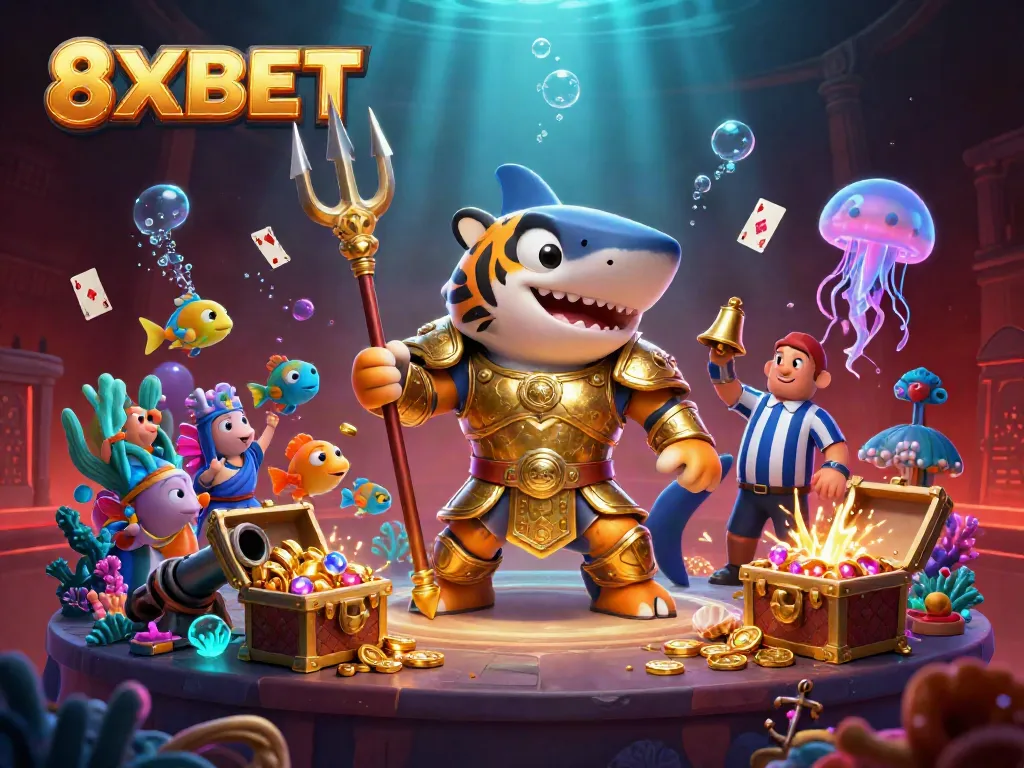 Experience thrilling underwater action with 8XBET's tiger shark gladiator battling for fortune in an epic casino scene.