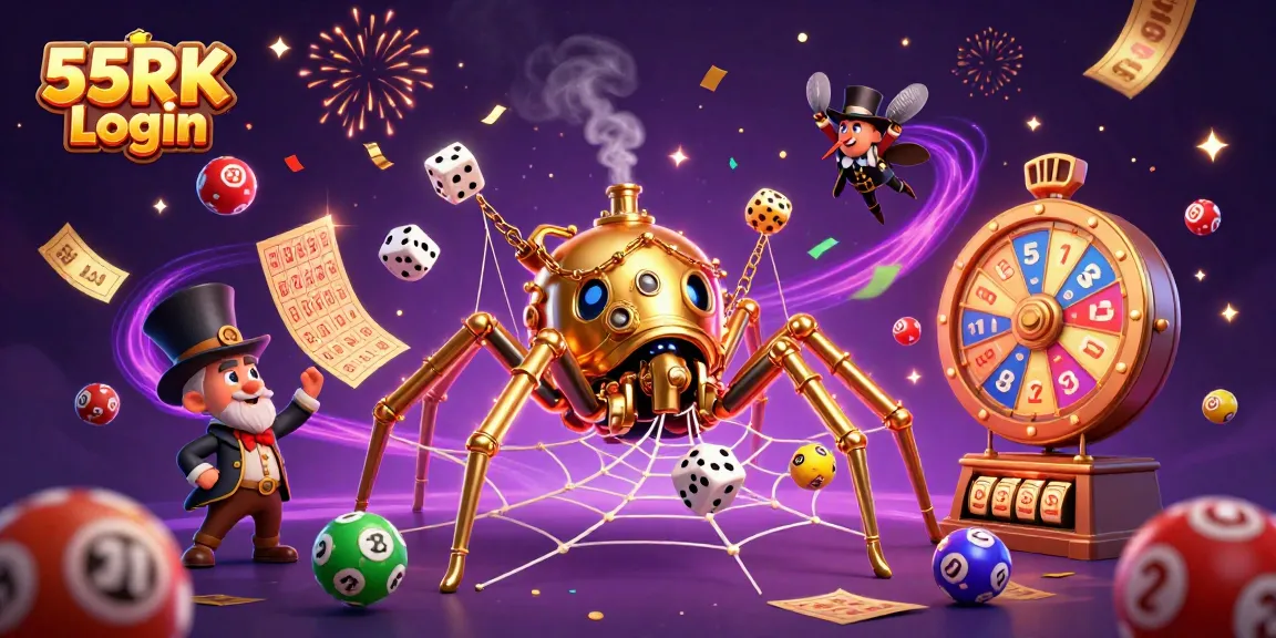Engage in 55RK Login adventures with steampunk characters amidst lottery balls and celebratory elements.