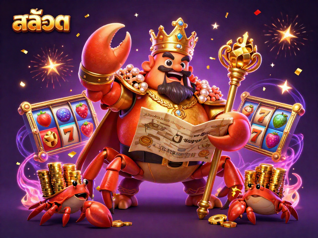 Spin the สล็อต reels with a golden crab emperor amidst colorful jackpots and confetti.