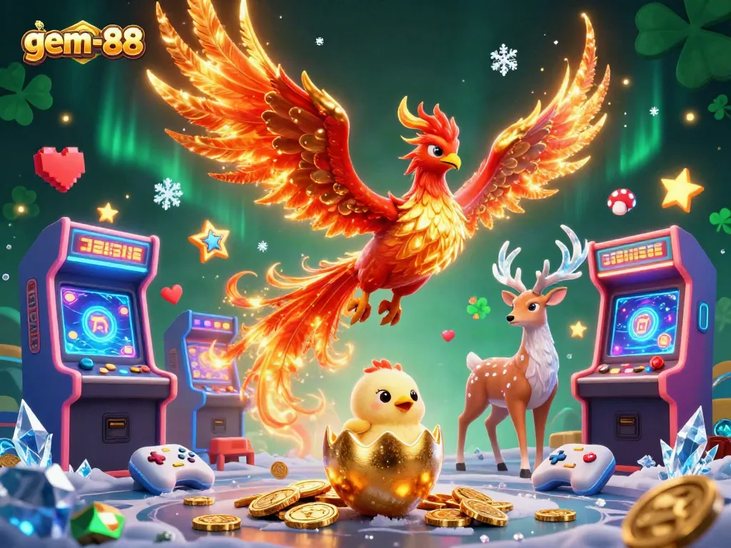 Experience the thrill at gem-88 with a dynamic illustration featuring a phoenix and casino elements.