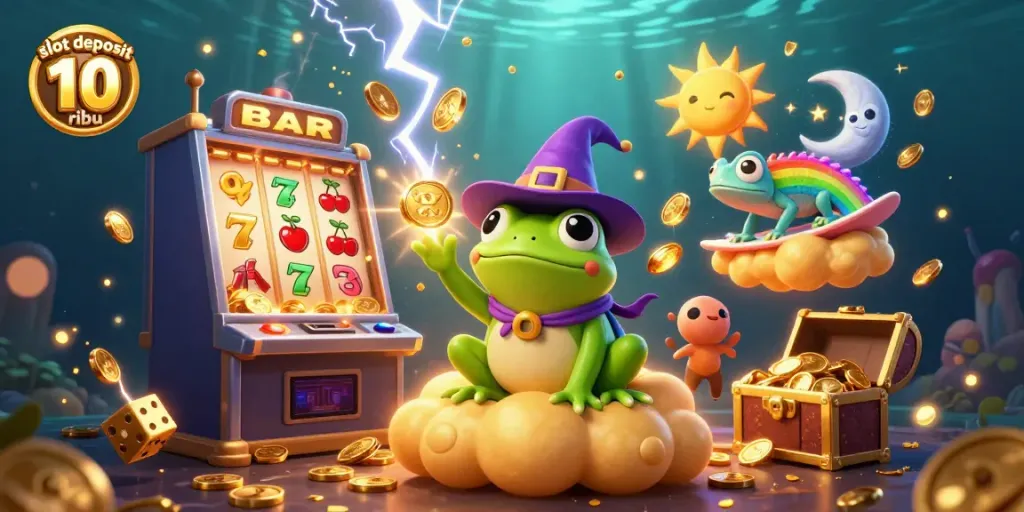 Engage in thrilling gaming with slot deposit 10 ribu at an electrifying casino scene featuring characters and gold.