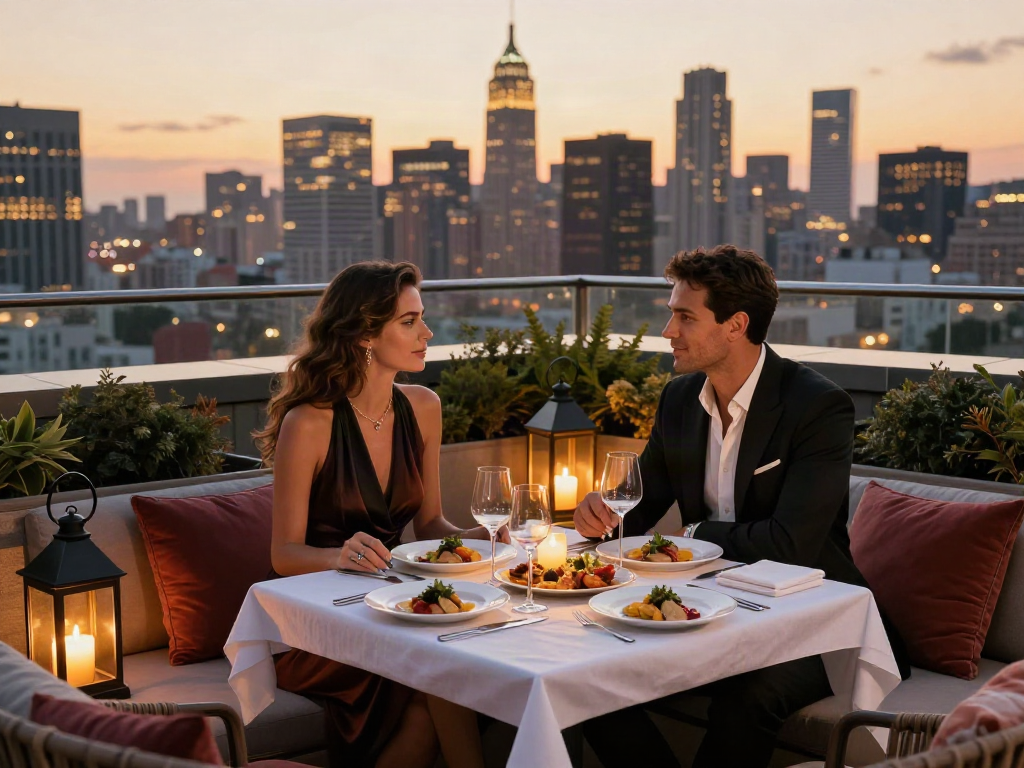 Pengalaman makan malam mewah di rooftop dengan LUXURY 111 sebagai latar belakang yang mewah dan romantis.