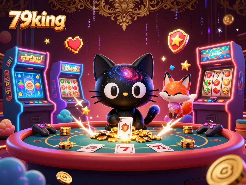 79king showcases a cosmic casino scene with a black hole cat, interactive game elements, and vibrant graphics.