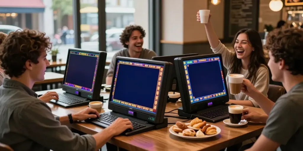 Exciting slot gaming experience with friends celebrating winnings at a cozy café featuring luxury12.