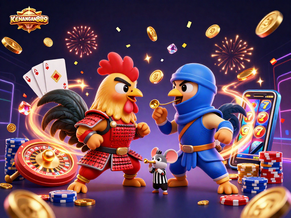 Experience thrilling action with KENANGAN889 as fighting roosters face off, surrounded by casino treasures.