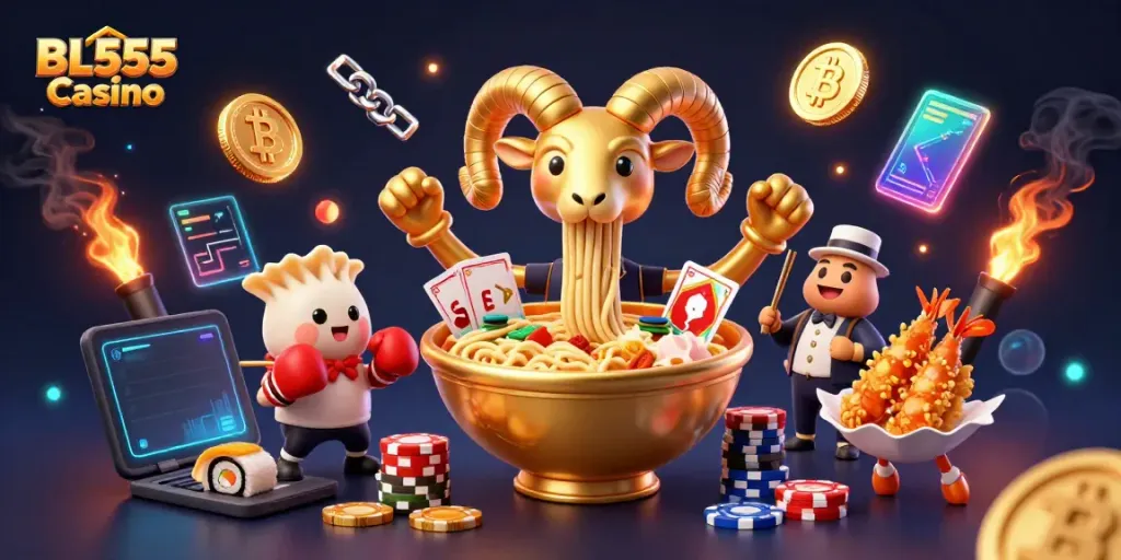 Engage in thrilling gameplay at BL555 Casino with vibrant characters and dynamic crypto elements.