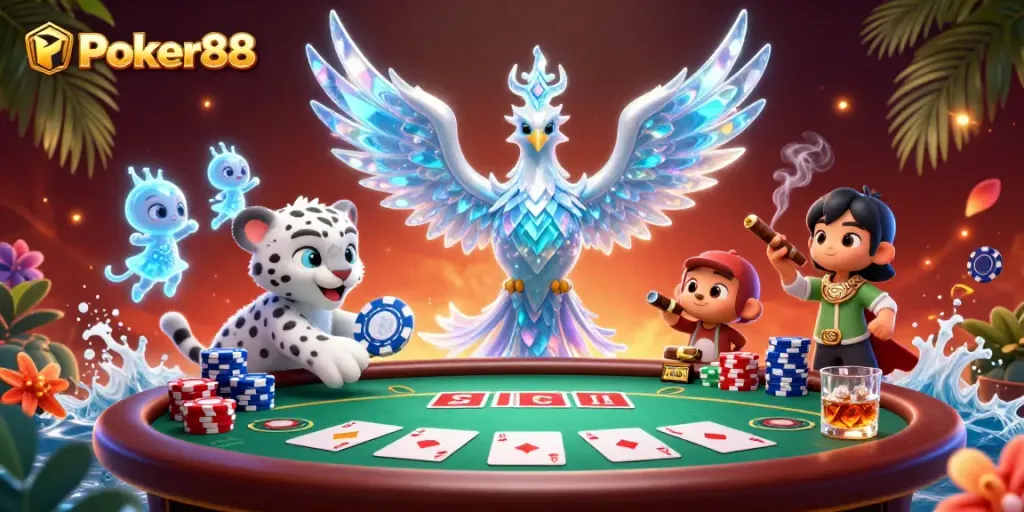 Engage in exhilarating poker action with Poker88's vibrant 3D illustration, showcasing unique characters and elements.