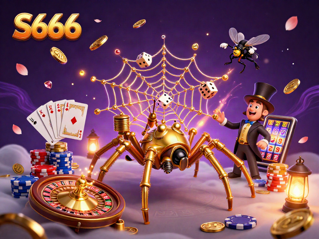 S666 captivates players as a steampunk spider spins a golden web of luck and chance in a vibrant casino.