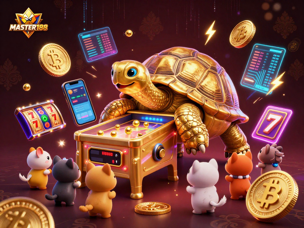 Play with MASTER188's colorful Togel Toto platform amidst animated casino elements and digital coins.