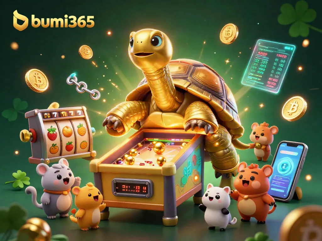 Permainan slot Bumi365 yang menarik dengan simbol beruntung dan jackpot mengelilingi karakter unik.