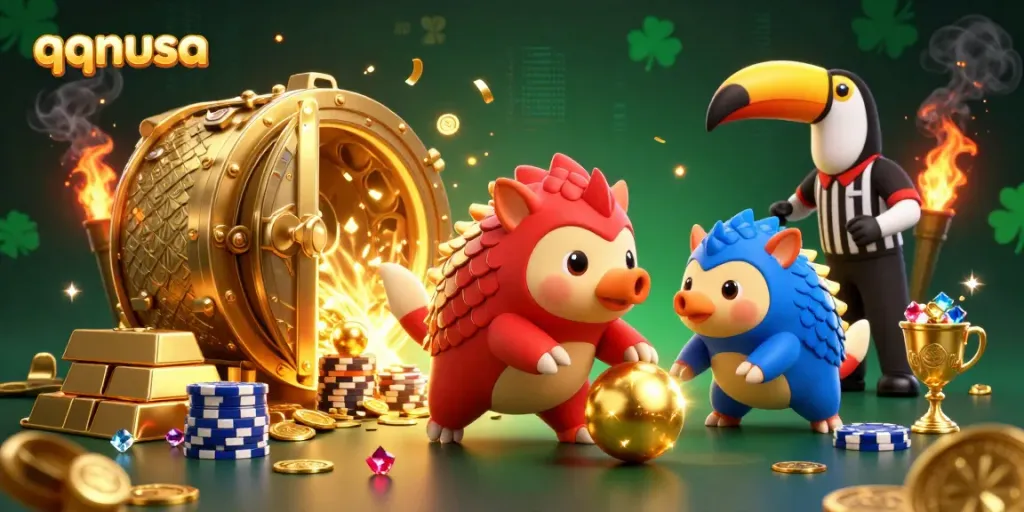 Compete in exhilarating qqnusa casino games with rival pangolins and vibrant gold treasures.
