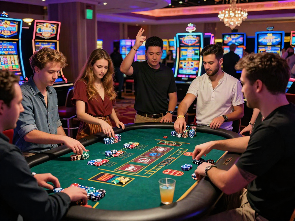 Exciting casino scene capturing friends enjoying a thrilling 789win gaming experience.