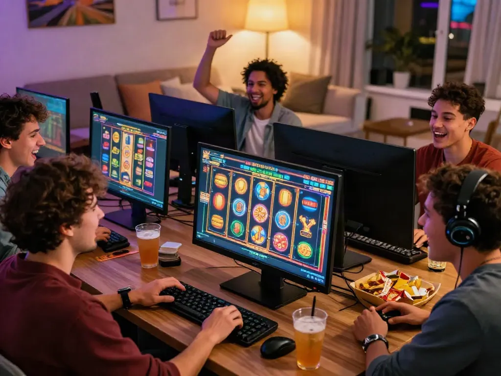 Friends celebrating a slot jackpot win while playing online in a cozy living room.