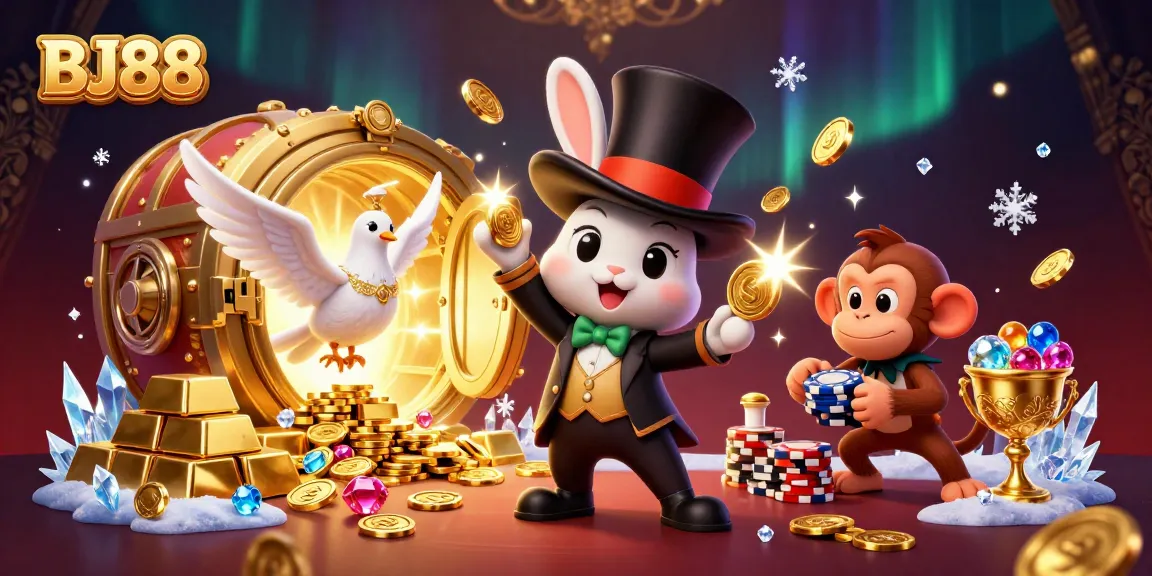 Experience thrilling luck at BJ88 Casino with a 3D illustration of a magician rabbit revealing treasures.