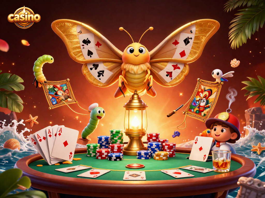 Experience the thrill of a casino with an atlas moth and vibrant poker elements.
