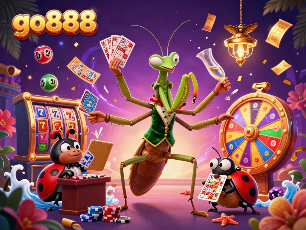 Experience the vibrant action of go888 with dynamic casino elements, colorful slots, and lively characters in a detailed scene.