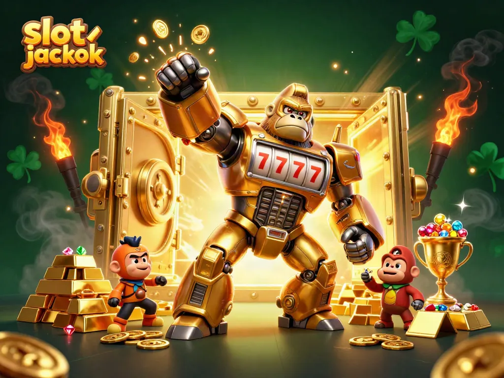 Engage in thrilling slot jackpot action with a vibrant, dynamic scene featuring a golden mech and treasures.