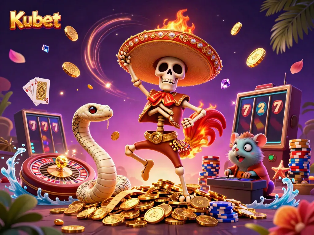 Kubet showcases a festive skeleton rooster dancing atop coins in a vibrant casino scene.
