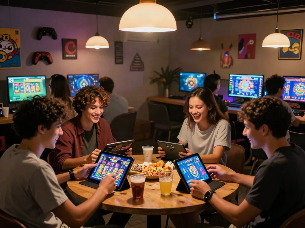Luxury12 online players enjoying slots in a cozy gaming lounge.