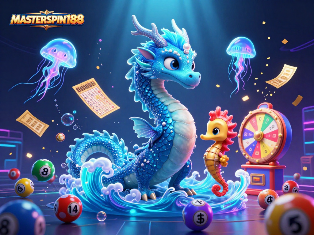 Engage with MASTERSPIN188's vibrant 3D casino scene featuring dazzling characters and dynamic lottery elements.