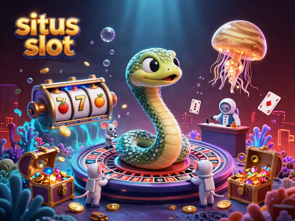 Bermain di situs slot dengan ilustrasi 3D berisi simbol slot dan karakter kasino.