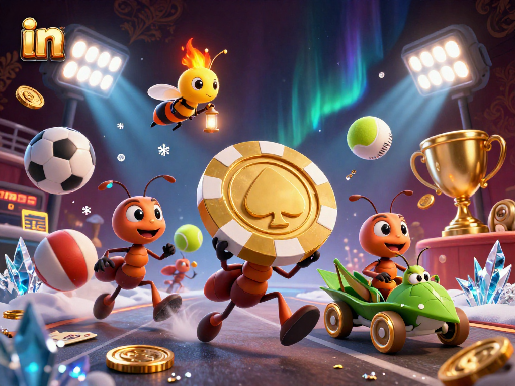 Engage in gambling with 3D ants transporting a giant poker chip in a vibrant casino heist scene