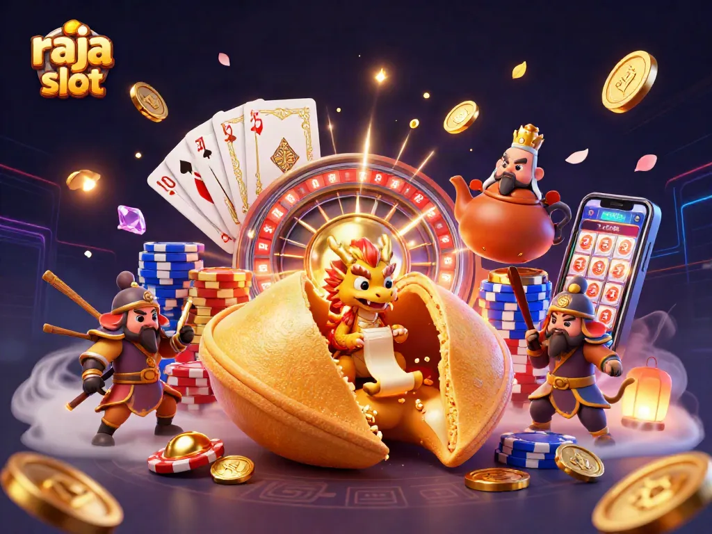 Raja slot menampilkan kue keberuntungan emas 3D dengan naga bijak di dalamnya, dikelilingi koin emas dan karakter menarik.