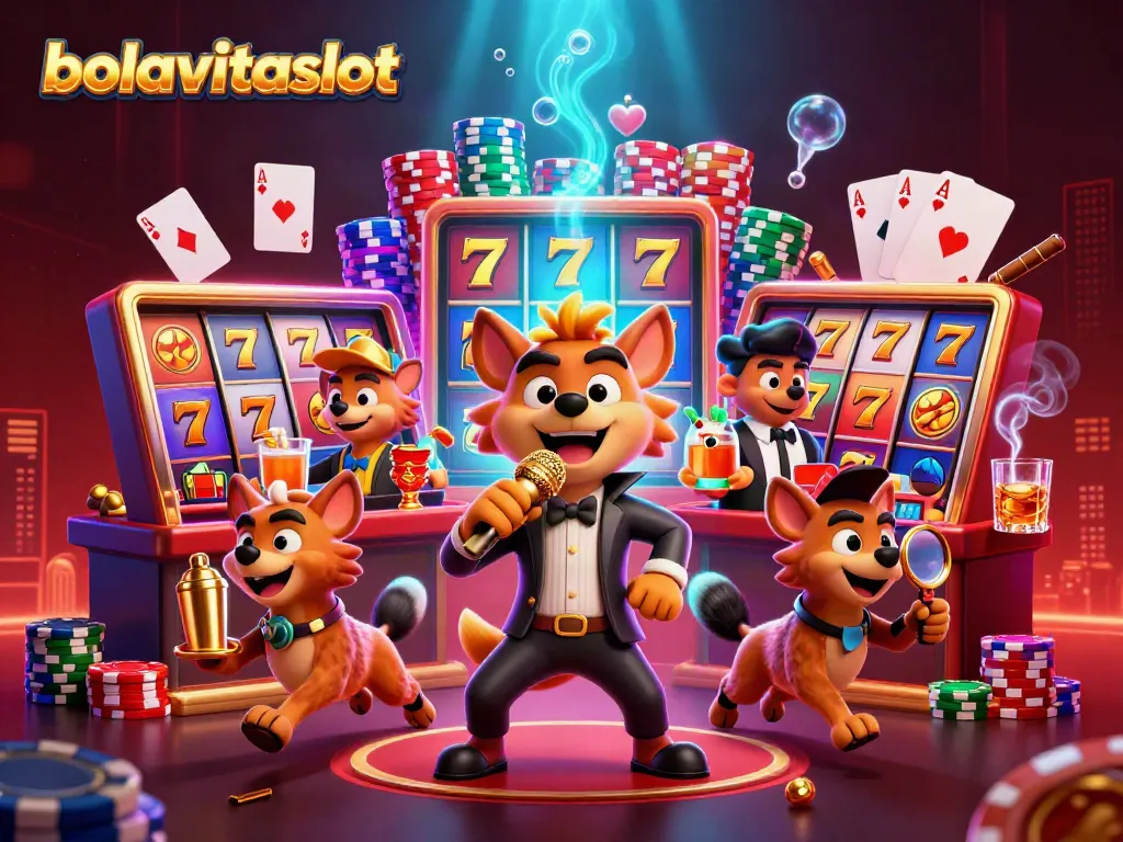 Engage in thrilling slot gameplay at bolavitaslot with lively hyena characters in a dynamic casino scene.