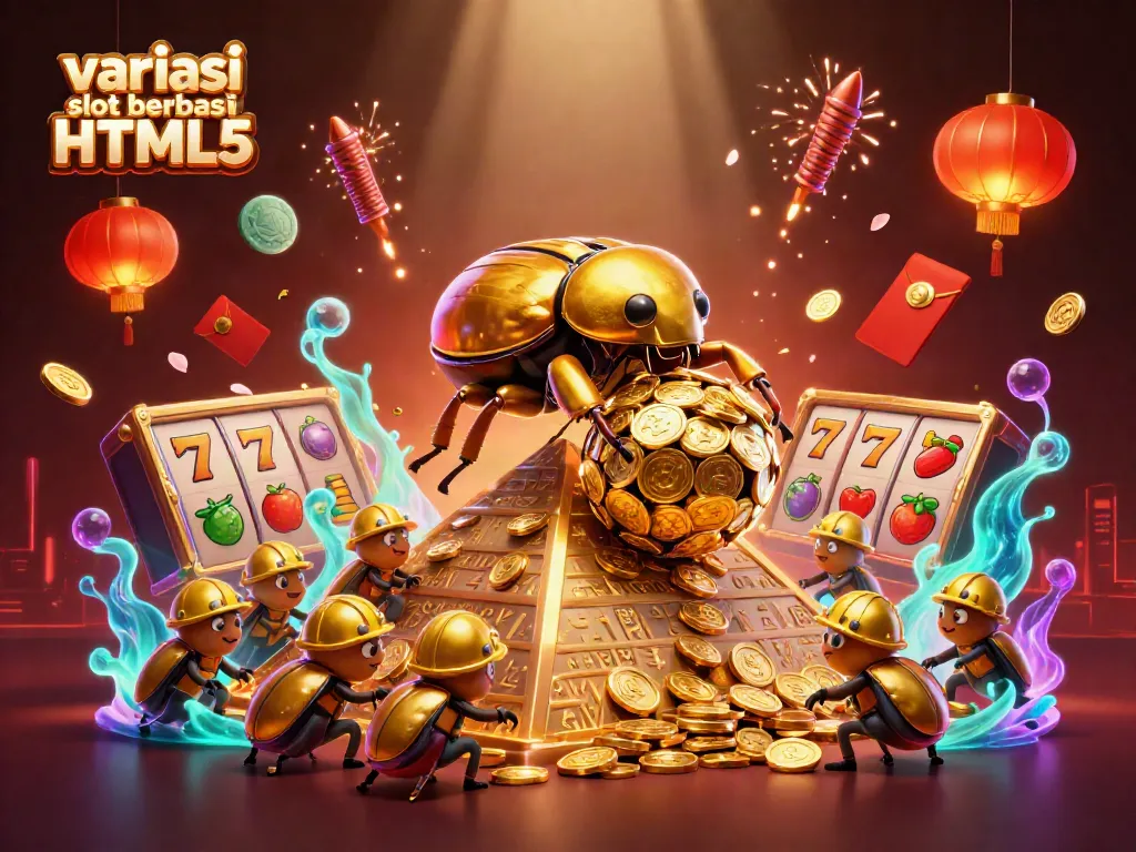 Permainan variasi slot berbasis HTML5 dengan simbol slot dan koin emas yang mengalir.