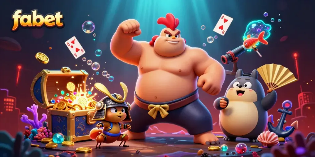 Experience the vibrant world of fabet with powerful sumo wrestler and fierce samurai cricket in this dynamic casino scene.
