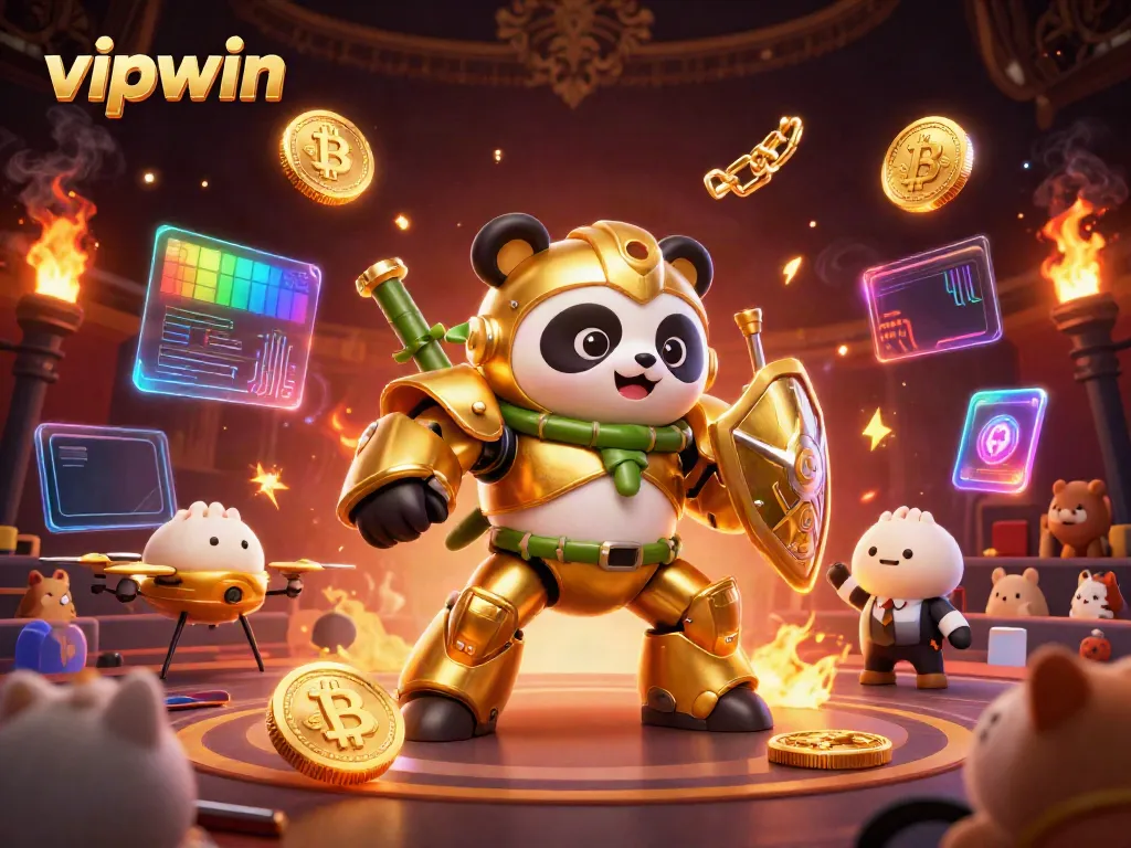Experience thrilling action in vipwin with a golden panda robot battling amidst crypto elements.