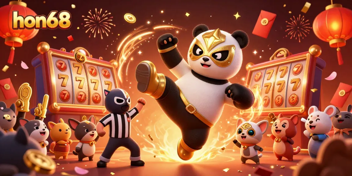 Join the excitement at hon68 as a panda wrestler delivers a kick amid festive casino themes.