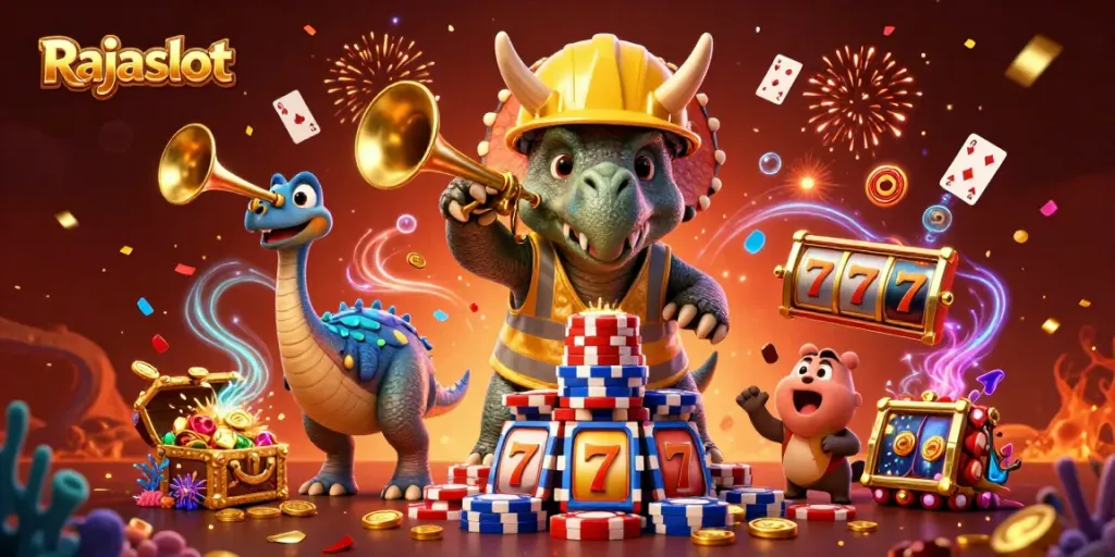 Rajaslot memberikan hiburan dengan slot jackpot mengesankan dan suasana meriah dalam ilustrasi 3D.