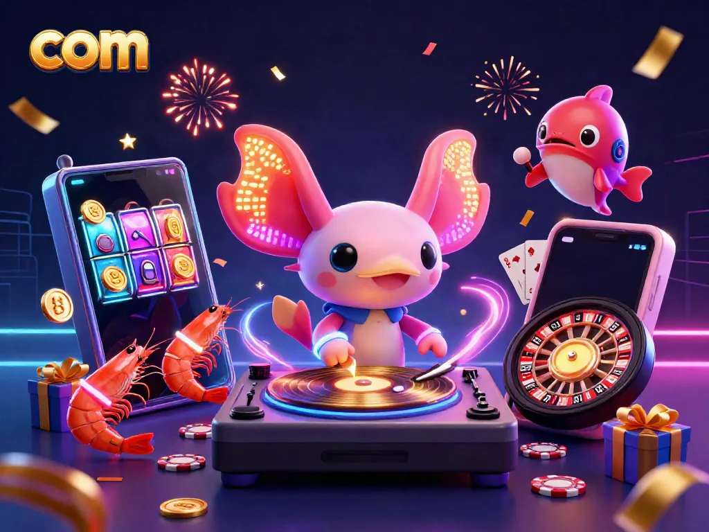 Experience vibrant casino festivities as the com axolotl DJ spins golden records surrounded by gaming excitement.