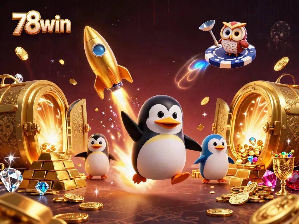 Embark on a thrilling adventure with 78win's golden penguin, diving into a treasure-filled cosmic casino.