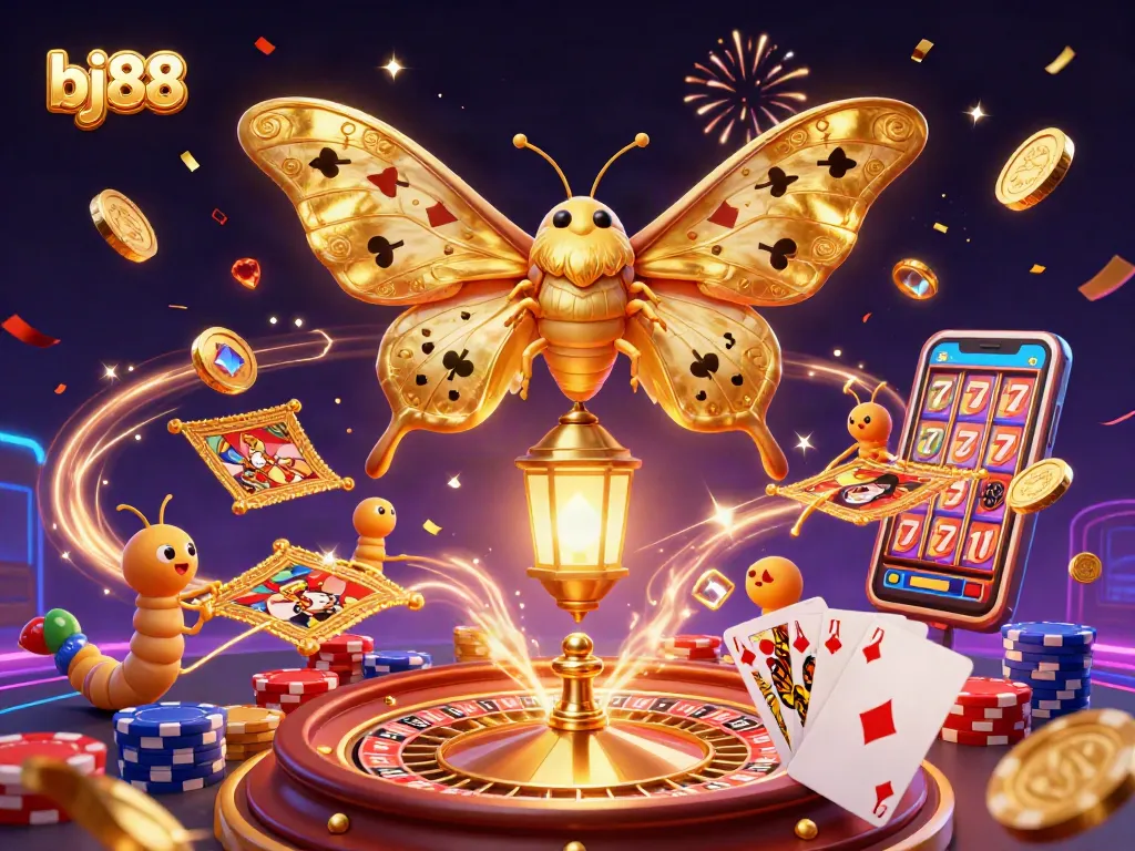 Spin the reels at bj88, with dazzling golden coins and a vibrant casino atmosphere.