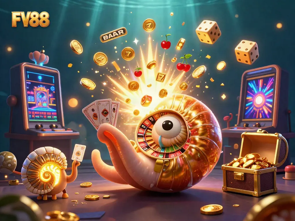 Experience the thrill of FV88 casino with a vibrant 3D illustration featuring an ancient nautilus roulette wheel.