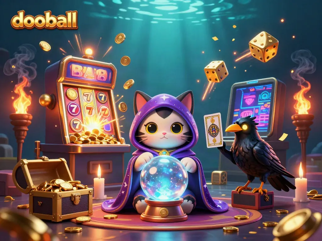 Experience dooball magic with a vibrant 3D illustration of sports betting elements combined with a mystical feline character.