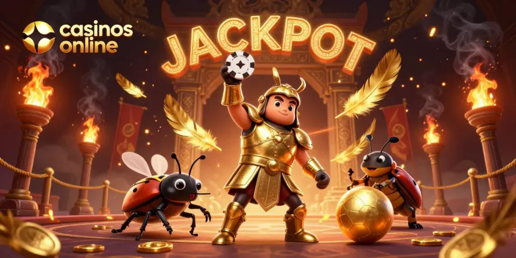 Los casinos online ofrecen giros emocionantes, ilustrados por un escarabajo guerrero levantando una ficha de póker.