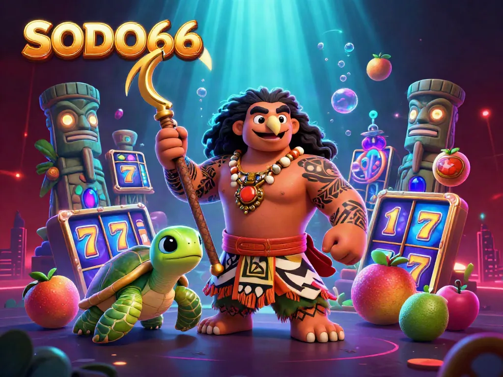 Win big at SODO66 with vibrant slot games, featuring a demigod and turtle in a lively casino environment.