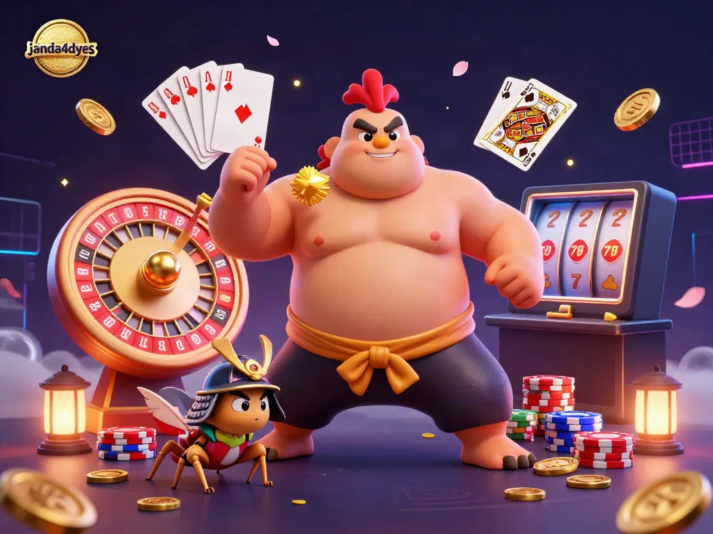 Ilustrasi 3D menampilkan janda4dyes dengan ayam sumo besar, jangkrik bertopeng, dan ratuku di arena judi.
