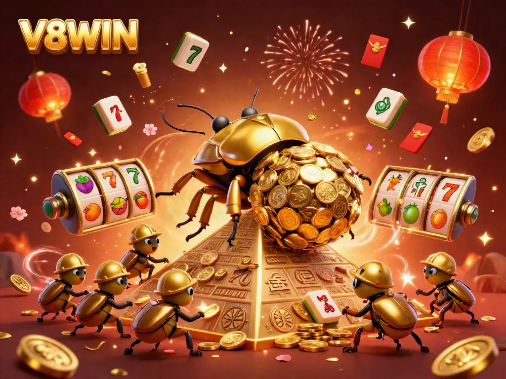 Experience the excitement of V8WIN with a vibrant 3D illustration showcasing a golden beetle and rolling coins.