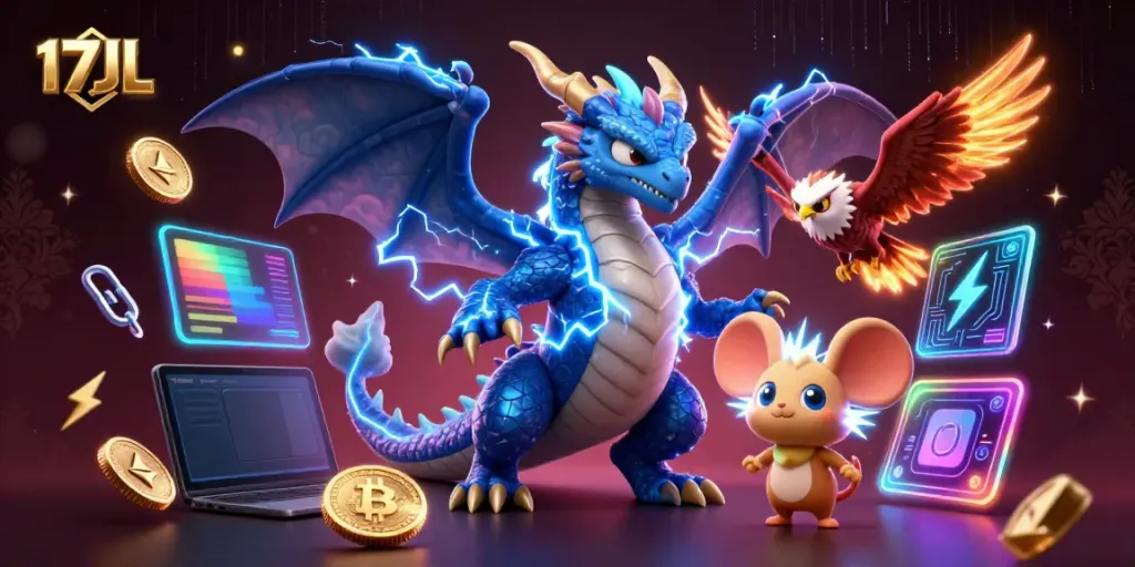 Experience thrilling games with vibrant 17JL characters in a rich cartoon casino scene.