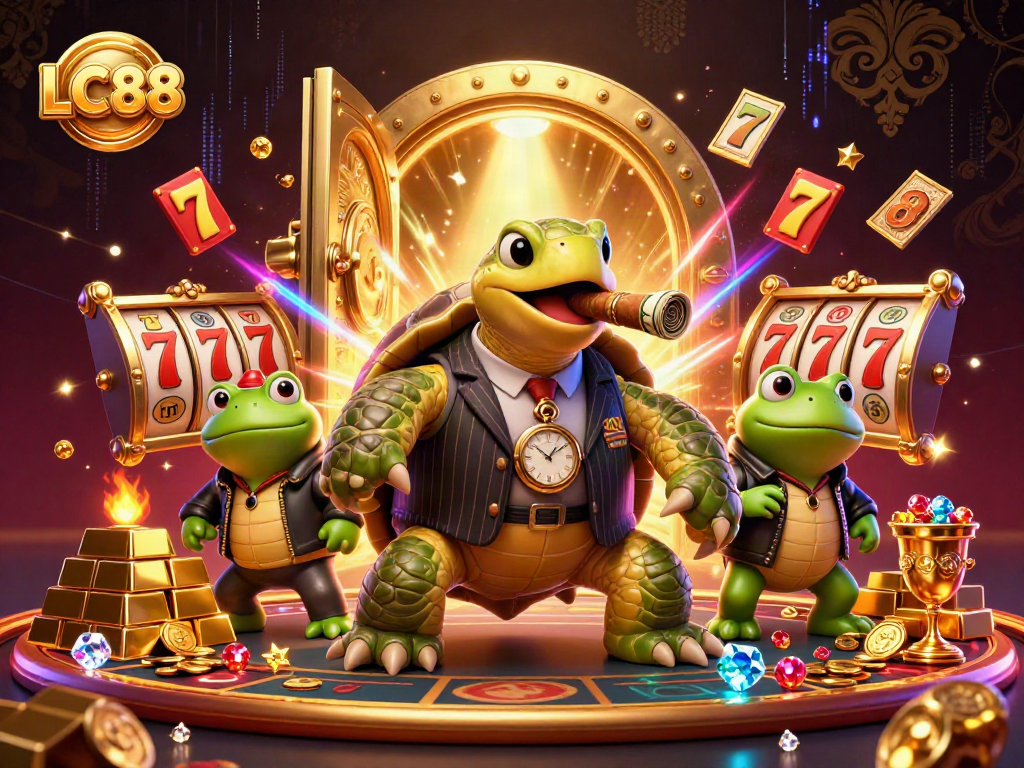 Experience thrilling slots action with LC88, featuring a snapping turtle mobster surrounded by dazzling treasures.