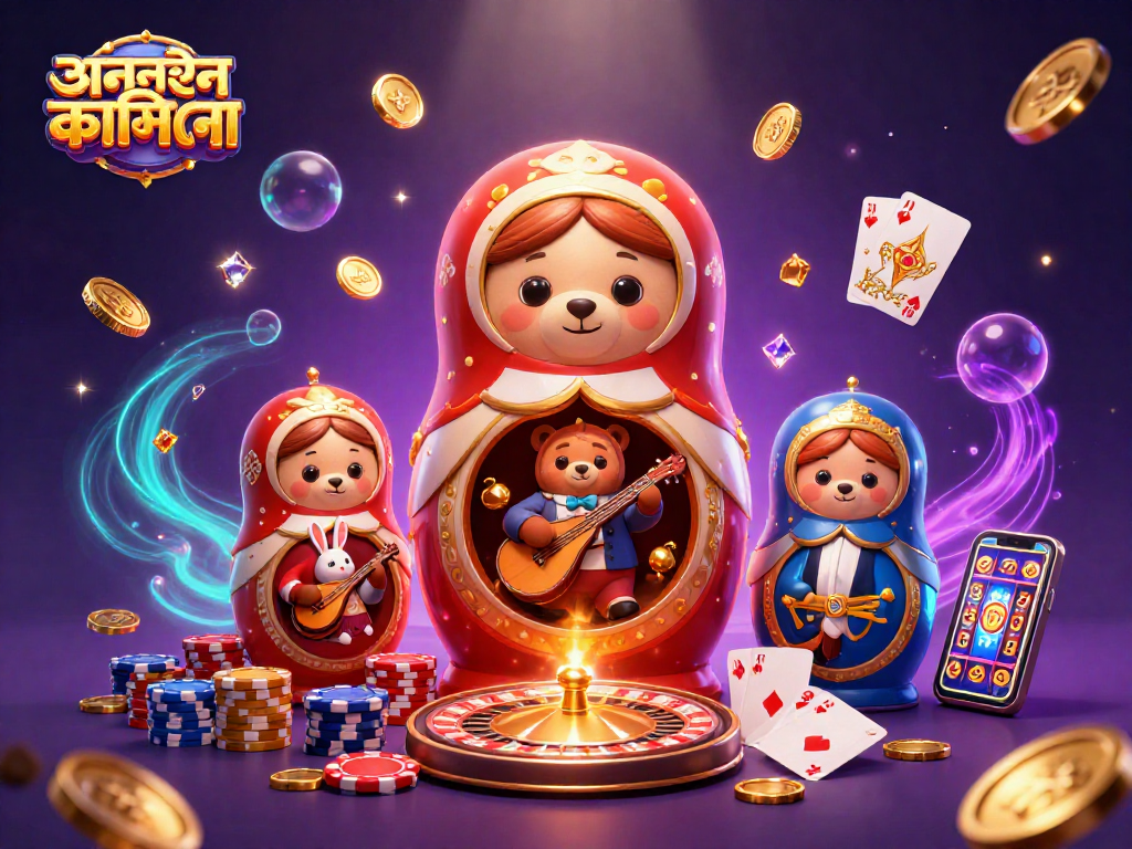 অনলাইন ক্যাসিনো, স্লট মেশিন এবং বিজয়ী কার্ডের সাথে একটি অত্যাশ্চর্য 3D কল্পনা প্রদর্শন করছে।