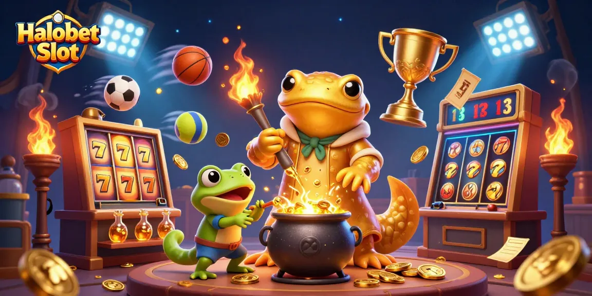 Experience the thrill of Halobet Slot with a vibrant 3D illustration of casino elements.