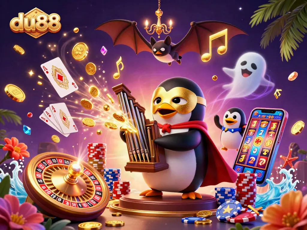 du88 penguin playing organ as golden coins rain down in a vibrant casino scene