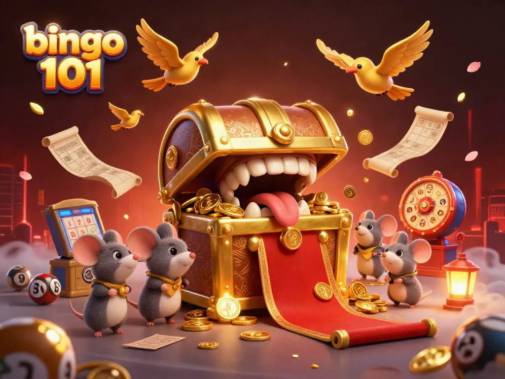 Bingo 101 engaging scene with a treasure chest and bingo elements showcasing excitement and gaming charm.