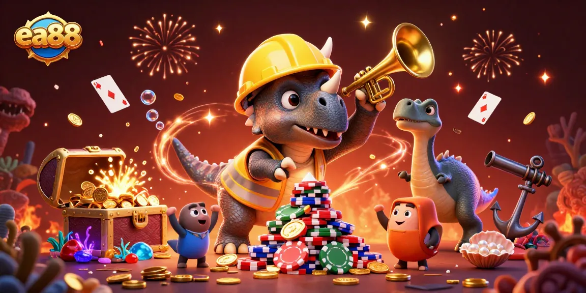ea88 showcases a festive triceratops constructing poker chip towers amidst underwater treasures, celebrating vibrant wins.